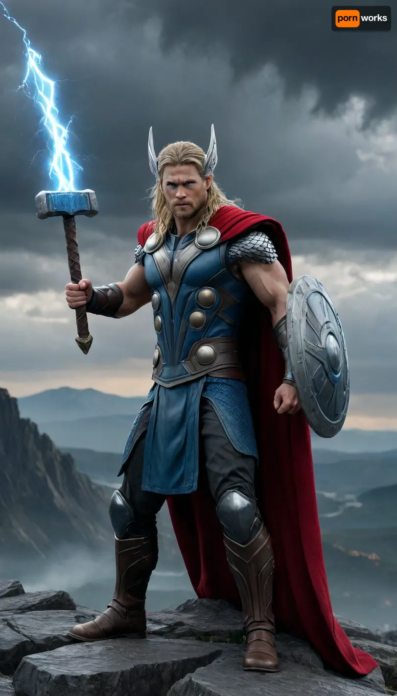 A cinematic masterpiece of Thor, the Norse God of Thunder, a warrior with long blond hair whipped by hurricane-force winds, icy-blue eyes that glow with raw, electric fury, standing atop a shattered mountain beneath a cataclysmic storm. He wears authentic Asgardian armor, a semi-complete Valkyrie helmet, battle-scarred with glowing runic carvings, a red cape, and rain-soaked leather straps. In his right hand, Mjolnir explodes with genuine blue-white lightning that arcs into the sky, runes pulsing with power. His hand, a lightning bolt that splits the apocalyptic storm clouds, rain streaks and electrical plasma illuminate his ultra-detailed chiseled face, the pores of his skin and the slick of sweat. Full frontal shot, sharp focus in 8K full body, hands with perfect anatomy and glowing Mjolnir runes, deep depth of field with a dramatic stormy, blurred horizon. Romantic photorealism with cinematic intensity, 100mm f/1.8 prime lens, high dynamic range, electric blue, stormy gray and deep gold palette, noise-free, hyper-detailed textures. LoRA, RealisticVision + EpicFantasyStyle + LightningMaster, (if supported), elegant., Mjölnir, thor, hammer, <lora:Mjölnir XL-gmr:.8>