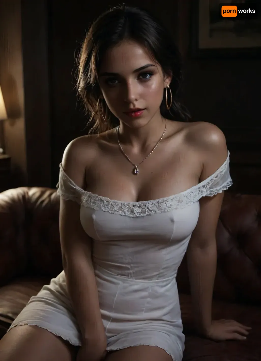 Anita returning from a party in sheer slutty low-cut off-the-shoulder beige mini dress, expression happy and smiling, no bra, heavy eye makeup, heavy eyeliner, blush, bright red lipstick, very large hoop earrings, thick necklace, her hair is pulled back in a messy ponytail, close up of only her head and chest, She is sitting on the couch, the POV of the camera is sitting on a chair across from her, only light is a snapshot flash on female, dark background, Night through windows, braless, Wearing, clothes, that, make, sense, with, Braless>, Indian, Babe, Anita, <lora:dark:1.4>, <lora:bralessSDXL_v1_00022:1.7>, <lora:405168_training_data:.8>, <lora:580159_training_data:1.9>, <lora:Anita:1.6>