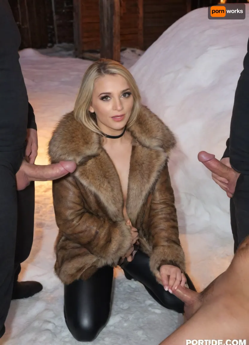 A highly detailed, photorealistic scene outside a dimly lit igloo. A pretty 24 yo women blonde hair name Natalii ukraiian foto galery Natalii model foto https, //www.deviantart.com/natalii24hot is kneeling on the packed snow floor near the center surrounded closely by men, giving handjob with great passion and dedication the large cock of her father's best friend, illuminated by the warm glow of a small, contained bonfire. She wears warm, fur-lined coat and very shiny black wetlook latex leggings. A group of 8 men stand next to her, he has a huge cock, dressed in similarly rugged attire, his face gently lit by the flickering firelight. The texture of the igloo’s ice blocks should be clearly visible, reflecting subtle hints of orange and yellow from the flame. The image should convey a quiet, intimate atmosphere, with soft shadows and realistic proportions.l, 4k, photorealistic, intricately detailed face