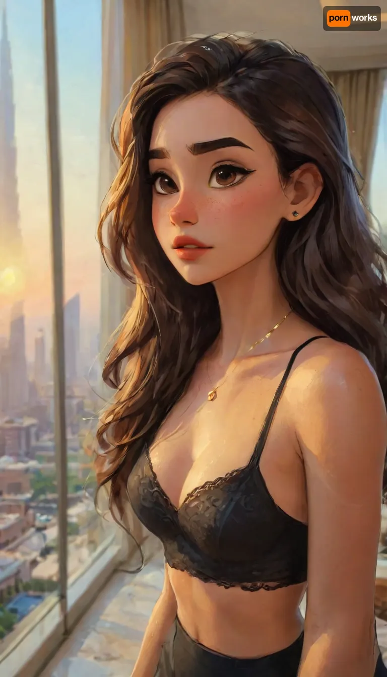 A cinematic, high-resolution portrait of a young hispanic woman taking a confident mirror-style selfie in a luxurious hotel suite in Dubai during golden hour. The woman has long, voluminous wavy dark brown hair with soft curls and curtain bangs that frame her face. Her makeup is glamorous — winged black eyeliner, glossy pink lips, and precisely shaped brows. She wears a small silver nose ring, a delicate necklace with a small pendant, and a fitted black ribbed button-up crop top with long sleeves paired with elegant black lace underwear. A sparkling silver belly piercing with a gemstone charm catches the light. The warm sunset light floods through the large floor-to-ceiling windows, casting a soft golden glow across the room. The Burj Khalifa and the glittering Dubai skyline are visible in the background through the glass, illuminated by the setting sun. The room’s decor is sophisticated — marble floors, champagne-gold tones, plush cream furniture, and modern design elements that reflect the opulence of a five-star Dubai hotel. The atmosphere feels intimate, warm, and stylish, with light reflecting off polished surfaces and her hair softly backlit by the sunset. The camera angle is slightly low and close, emphasizing her confident pose and the glowing ambience. perfect anatomy, best quality, 8k, insane details, intricate details, hyperdetailed, hyper quality, ultra detailed, professional, HDR, ray tracing reflection, cinematic lighting, highlydetailedbody, realisticface, highlydetailedhair, perfectfingers, insanelydetailed, 8K.highdetailedskin, highresolution, (j_cartoon:1.5), Drawing, Angie, uberfit, muscular, athletic, <lora:461895_training_data:2>, <lora:detailed_notrigger:2>, <lora:samdoesarts1.1-000030:.4>, <lora:J_cartoon:.3>, <lora:Animated_Concept:.4>