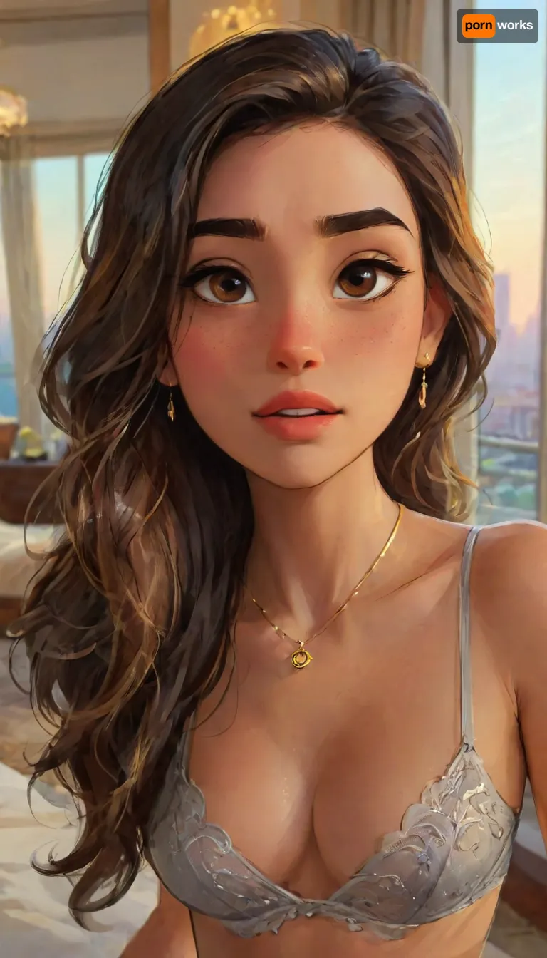 A cinematic, high-resolution portrait of a young hispanic woman taking a confident mirror-style selfie in a luxurious hotel suite in Dubai during golden hour. The woman has long, voluminous wavy dark brown hair with soft curls and curtain bangs that frame her face. Her makeup is glamorous — winged black eyeliner, glossy pink lips, and precisely shaped brows. She wears a small silver nose ring, a delicate necklace with a small pendant, and a fitted black ribbed button-up crop top with long sleeves paired with elegant black lace underwear. A sparkling silver belly piercing with a gemstone charm catches the light. The warm sunset light floods through the large floor-to-ceiling windows, casting a soft golden glow across the room. The Burj Khalifa and the glittering Dubai skyline are visible in the background through the glass, illuminated by the setting sun. The room’s decor is sophisticated — marble floors, champagne-gold tones, plush cream furniture, and modern design elements that reflect the opulence of a five-star Dubai hotel. The atmosphere feels intimate, warm, and stylish, with light reflecting off polished surfaces and her hair softly backlit by the sunset. The camera angle is slightly low and close, emphasizing her confident pose and the glowing ambience. perfect anatomy, best quality, 8k, insane details, intricate details, hyperdetailed, hyper quality, ultra detailed, professional, HDR, ray tracing reflection, cinematic lighting, highlydetailedbody, realisticface, highlydetailedhair, perfectfingers, insanelydetailed, 8K.highdetailedskin, highresolution, (j_cartoon:1.5), Drawing, Angie, uberfit, muscular, athletic, <lora:461895_training_data:2>, <lora:detailed_notrigger:2>, <lora:samdoesarts1.1-000030:.4>, <lora:J_cartoon:.3>, <lora:Animated_Concept:.4>