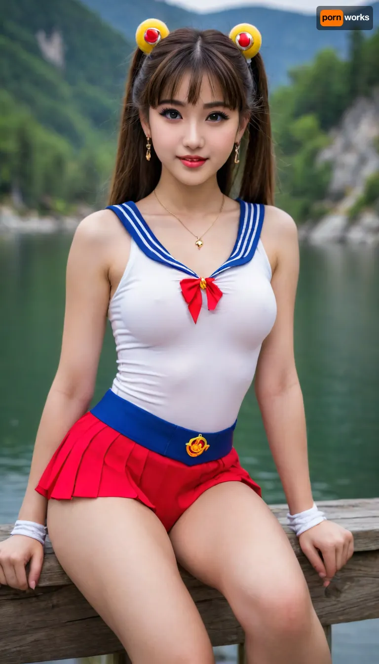 sailor moon, very rich, very beautiful, ultra realistic smart incredibly beautiful seductive face, young escort woman, super model, 18 years old, slim figured, narrow waist, perfect legs, shoes, Sensual Seductive, bangs, beautiful eyes, earrings and a necklace, lake and mountain, seduce. sexy, wang to fuck, white skin. smile, HDR photo, best quality, ultra-detailed, masterpiece, finely detail, highres, 8k wallpaper, photorealistic, perfect illumination, best shadow, best shot, soft lighting, perfect fingers, little hands.