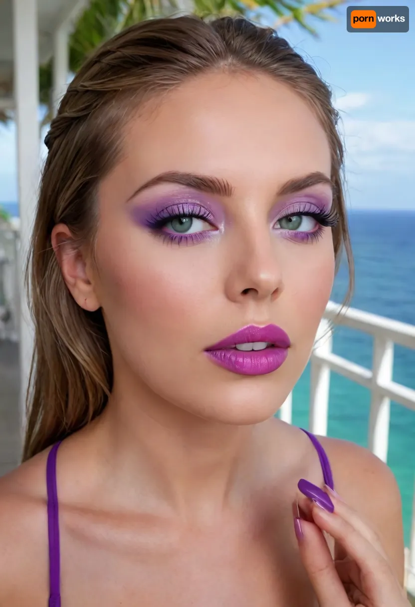 bimbo woman, high detail of the face, individual standing outdoors on a balcony overlooking a tropical beach and ocean. The person is wearing a blue, two-piece swimsuit consisting of a triangular top and matching bottoms with medium coverage., (big lipstik purple:1.3), Their hair is styled in a neat braid, and they are gazing directly ahead with a relaxed posture., ((makeup:1.3), long blue eyelashes, green eye shadow, glossy pearl lipstick), The background includes clear skies, a distant ocean horizon, palm trees, and elements of a modern building. The scene exudes a sunny, vacation-like atmosphere., artoflips, uoclips, lips, lipstick, art, of, CUM, DONATION, ASSISTANCE, FELLATIO, TITS, SEX, HANDJOB, FOOTJOB, AFTER, VAGINAL, makeup, eyeliner, eyelashes, <lora:Art_Of_Lips_PONY_XL_By_UOC:.9>, <lora:CUM DONATION ASSISTANCE:2>, <lora:Modern_MakeUp_XL_v0_1:1.7>