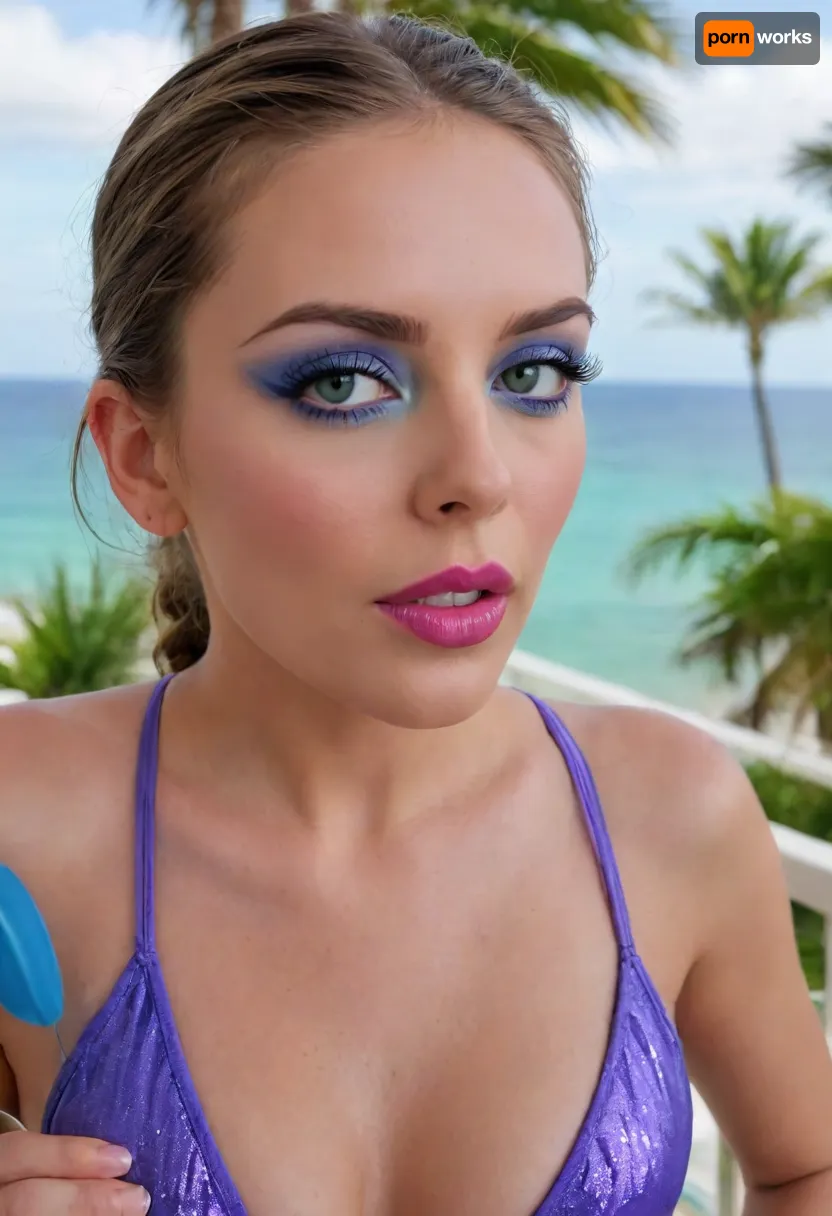 bimbo woman, high detail of the face, individual standing outdoors on a balcony overlooking a tropical beach and ocean. The person is wearing a blue, two-piece swimsuit consisting of a triangular top and matching bottoms with medium coverage., (big lipstik purple:1.3), Their hair is styled in a neat braid, and they are gazing directly ahead with a relaxed posture., ((makeup:1.3), long blue eyelashes, green eye shadow, glossy pearl lipstick), The background includes clear skies, a distant ocean horizon, palm trees, and elements of a modern building. The scene exudes a sunny, vacation-like atmosphere., artoflips, uoclips, lips, lipstick, art, of, CUM, DONATION, ASSISTANCE, FELLATIO, TITS, SEX, HANDJOB, FOOTJOB, AFTER, VAGINAL, makeup, eyeliner, eyelashes, <lora:Art_Of_Lips_PONY_XL_By_UOC:.9>, <lora:CUM DONATION ASSISTANCE:2>, <lora:Modern_MakeUp_XL_v0_1:1.7>
