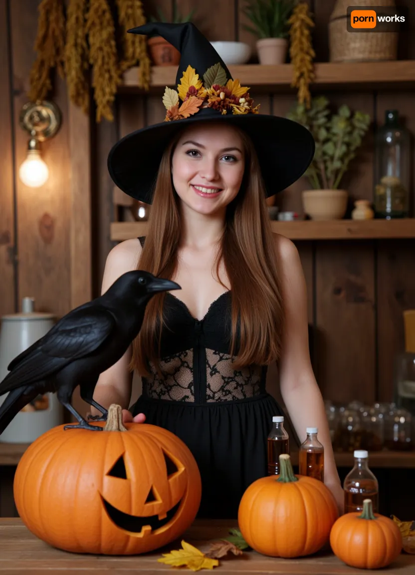 (highly detailed photograph:1.2), (charming portrait of a witch:1.3), with, (long chestnut hair:1.1), and, (deep blue eyes:1.1), in, (an ornate black witch's hat decorated with golden autumn leaves and feathers:1.3), (a black lace dress:1.2), (a slight smile), (pale skin), (dark lipstick), (a carefree pose:1.1), (a crow sitting on a large Jack-o'-lantern carved for Halloween:1.4), next to her, (a simple wooden table:1.1), covered with, (pumpkins and bottles of various sizes:1.1), (glass bottles with potion), (dry leaves), (background in the form of a dimly lit interior of a rustic wooden hut:1.1), (hanging dried herbs:1), (old wooden shelves:1), (warm, soft lighting:1.1), (bokeh in the foreground and background), (magical atmosphere), (autumn colors:1), (autumn harvest theme), (depth of field:1), (cinematic lighting), (photorealism:1.2), (sharp focus on the witch and crow), film grain, intricate details, octane render, 8k, ultra-realism, atmospheric lighting, canon eos r6.