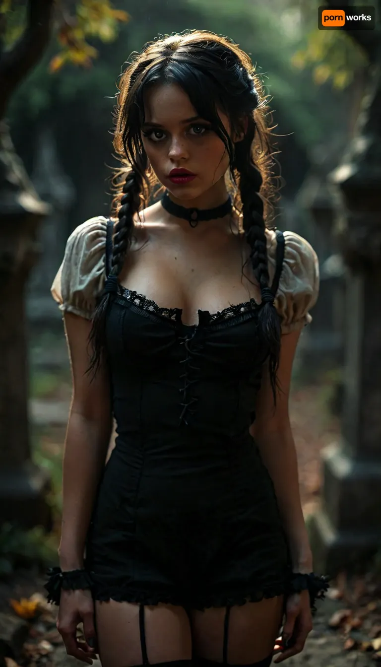 View from thighs up of busty adult Wednesday Addams standing in dark catacombs wearing black panties, interested, gorgeous, 24 years old, large natural breasts, black wavy messy hair with braided pigtails, big expressive eyes, long eyelashes, eyeliner and mascara, eye contact, pink lipstick, subtle smile, dark catacombs background, but, <lora:MJ52:2>, <lora:add-detail-xl:2>, <lora:BUT_SDXL_SHS:.3>, <lora:dark:.9>