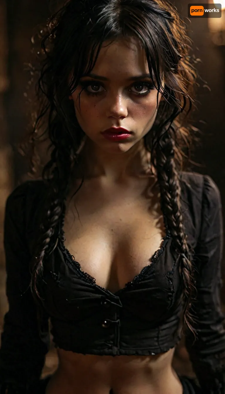 View from thighs up of busty adult Wednesday Addams standing in dark catacombs wearing black panties, interested, gorgeous, 35 years old, large natural breasts, black wavy messy hair with braided pigtails, big expressive eyes, long eyelashes, eyeliner and mascara, eye contact, pink lipstick, subtle smile, dark catacombs background, but, <lora:MJ52:2>, <lora:add-detail-xl:2>, <lora:BUT_SDXL_SHS:.3>, <lora:dark:.9>