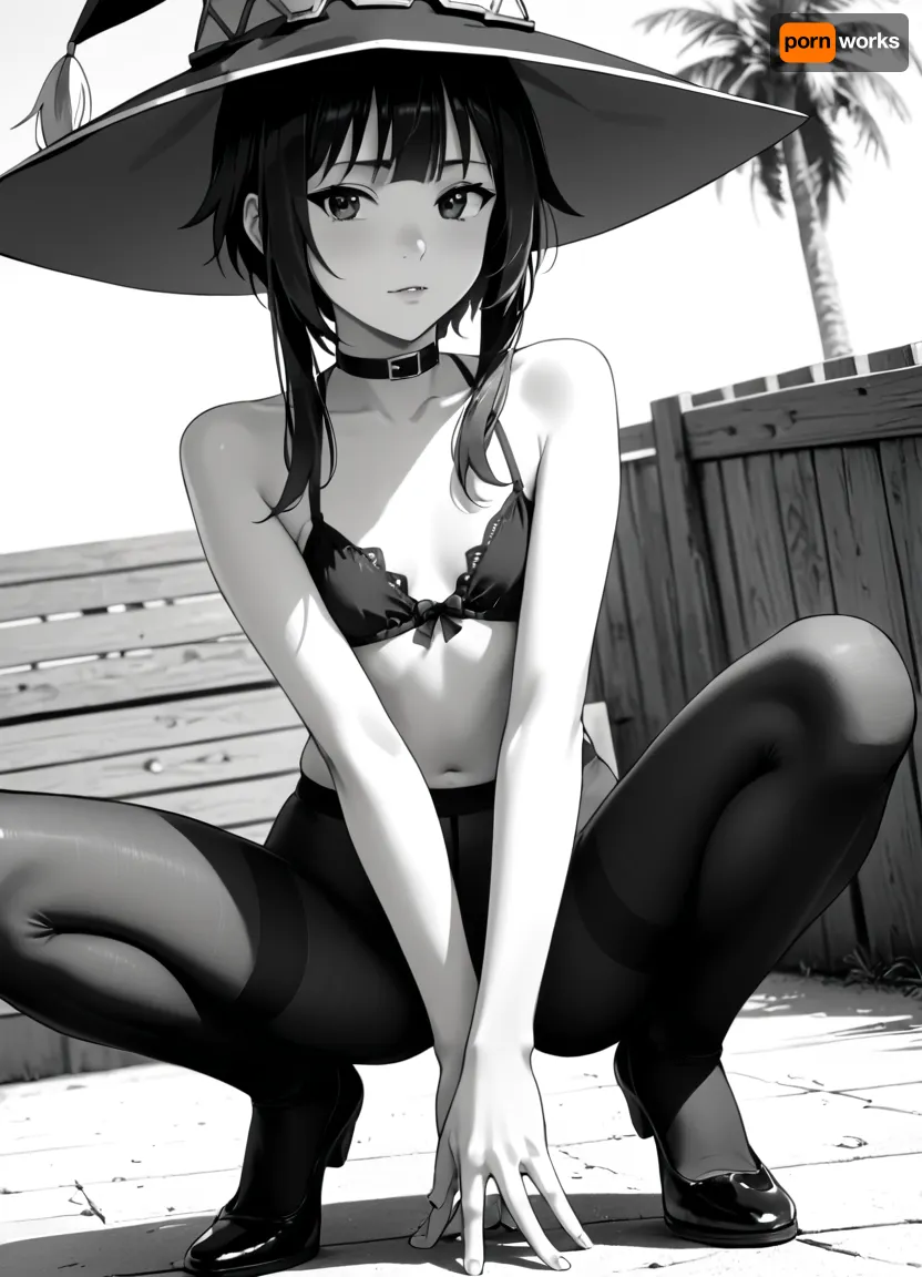 Solo, black swimwear, black hair, megumin, squatting, pale shiny skin, skinny, small breasts, skindentation, pantyhose, monochrome, lineart, LineAniAF, (((<lora:LineAniRedmondV2-Lineart-LineAniAF:2>)))