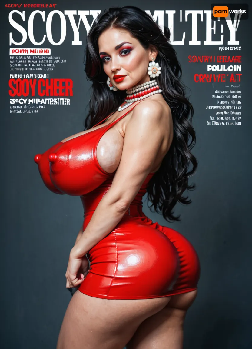 Magazine cover, Сurvy middle-aged Russian Milf experienced prostitute with a curvy body and black hair, (gigantic slightly saggy breasts), (Protruding fat ass), wide hips, (curvy:1.2), (long hair), rosy cheeks, (makeup), (red lips), Red tight leather mini dress, mini skirt, (huge erect nipples showing through clothes), (beaded collar:1.1), pulp, cover, art, <lora:add-detail-xl:.8>, <lora:Pulp_Cover_Art:1.4>