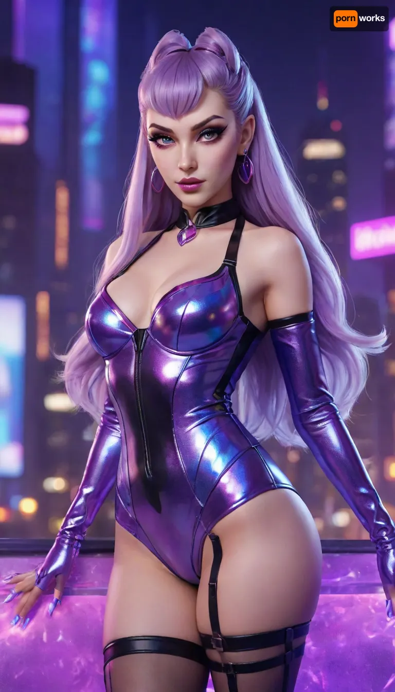 She's have Evelynn K/DA ALL OUT appearance, League of Legends, female character, glamorous, seductive expression, long lavender hair, holographic texture, high heels, elegant pose, glowing lights, futuristic city background, neon colors, detailed face, perfect makeup, shiny latex fabric, cinematic lighting, ultra detailed, high quality, masterpiece, 8k, hyperrealistic, fantasy pop idol aesthetic, holographic reflections, vibrant atmosphere, confident attitude, stylish diva, <lora:EvelynnKDA-000007:1.2>