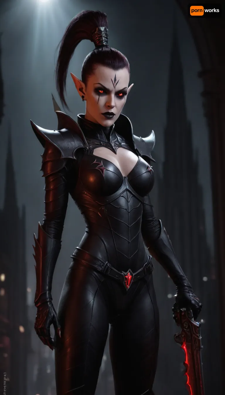 A dark and alluring female Dark Eldar warrior, clad in sleek, sinister armor with sharp edges and dark metallic tones, glowing red eyes, intricate alien tattoos, wielding a wicked curved blade and a splinter pistol, standing confidently in the shadowy, gothic cityscape of Commorragh, with a background of dark spires and eerie glowing lights, exuding deadly elegance and malevolent grace, highly detailed, fantasy sci-fi art, dramatic lighting, <lora:Drukhari-000006:.8>