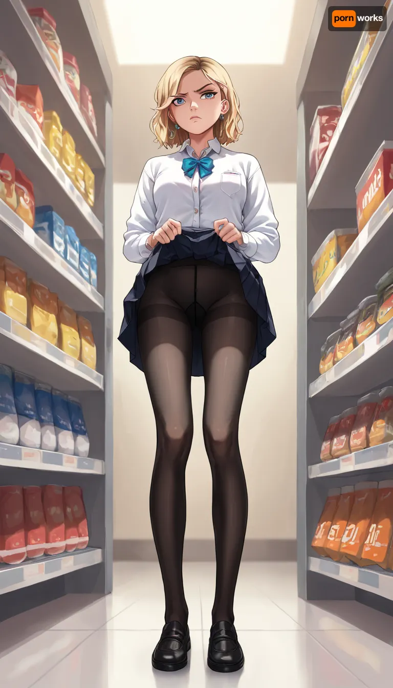 Gwen Stacy, Surrender by man, view from below, from below, 1girl, solo, blonde hair, collared white shirt, buttoned jacket, pleated skirt, skirt lift, lifted by self, annoyed, black pantyhose, full body, in supermarket, <lora:skirt lift XL V2:.5>
