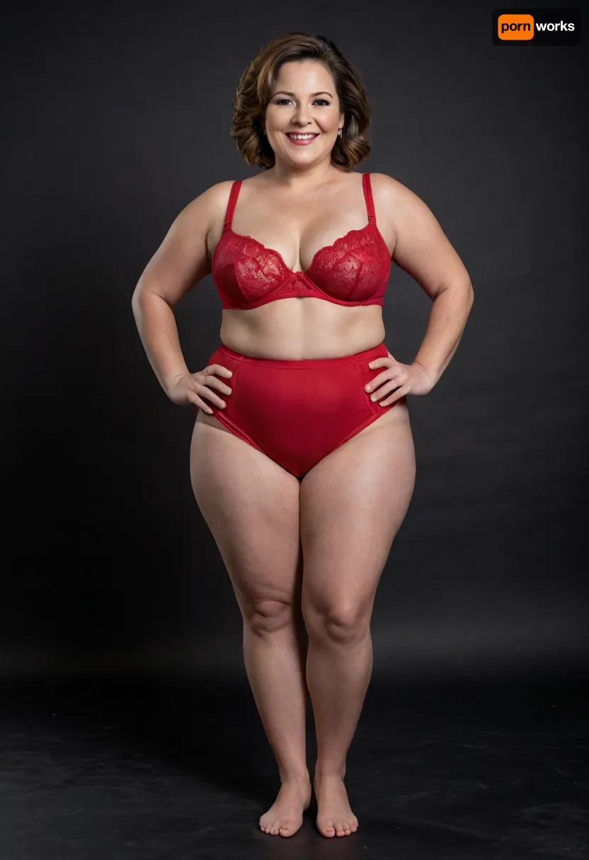 Lu, realistic full body portrait photo a mature chubby woman, double chin, 50 years old Woman, short brunette balayage hair, big smile, looking at viewer, eye contact, (solid blank dark background:1.3), full body shoot, film grain, Chubby, Plump, Fat, Rolls, milf, (full coverage, high-waist, high-cut, big, wide, fullback, red panty, full-briefs, wearing), back_view, photo, from, behind, looking_at_viewer