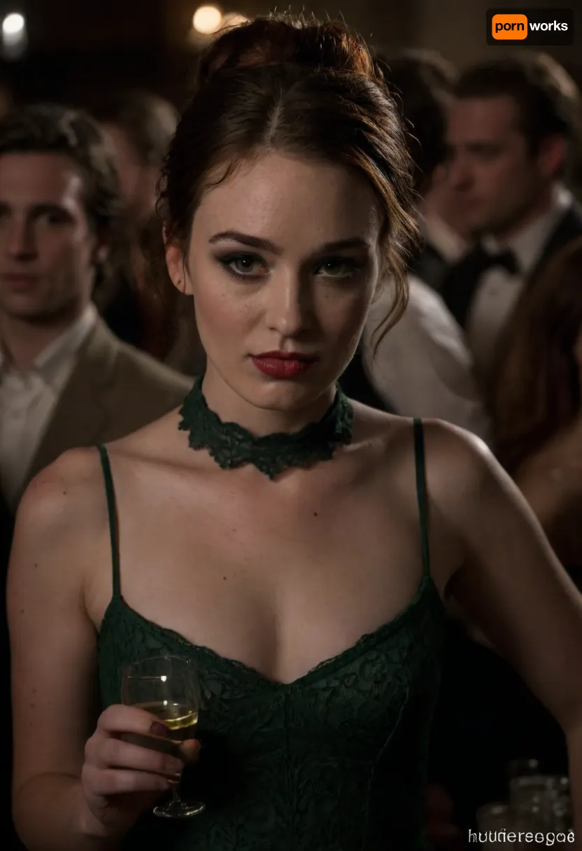 Close up of face with 150mm lens from 3/4 view, Jodi Taylor is standing with a glass of white wine, hair in bun, in sheer elegant formal dress in front of an out of focus background crowd of clothed people. Jodi is looking at her wine. Jodi is not looking at viewer, lace choker, heavy green eyeshadow, heavy eyeliner, mascara, heavy lipstick, Jodi is brightly lit while the rest of the scene is very dark, standing, joditaylor, <lora:crowd_notrigger:1.2>, <lora:dark:1>, <lora:joditaylor:2>