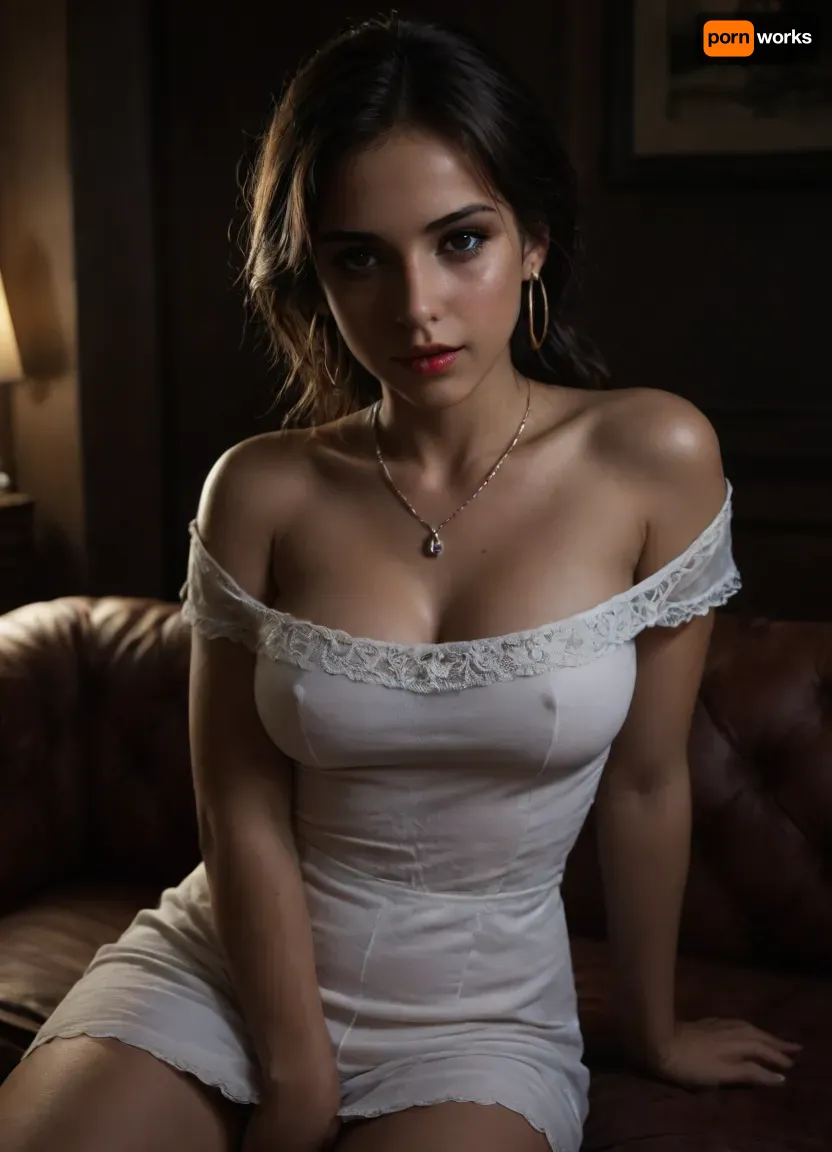 Anita returning from a party in sheer slutty low-cut off-the-shoulder beige mini dress, expression happy and smiling, no bra, heavy eye makeup, heavy eyeliner, blush, bright red lipstick, very large hoop earrings, thick necklace, her hair is pulled back in a messy ponytail, close up of only her head and chest, She is sitting on the couch, the POV of the camera is sitting on a chair across from her, only light is a snapshot flash on female, dark background, Night through windows, braless, Wearing, clothes, that, make, sense, with, Braless>, Indian, Babe, Anita, <lora:dark:1.4>, <lora:bralessSDXL_v1_00022:1.7>, <lora:405168_training_data:.8>, <lora:580159_training_data:1.9>, <lora:Anita:1.6>