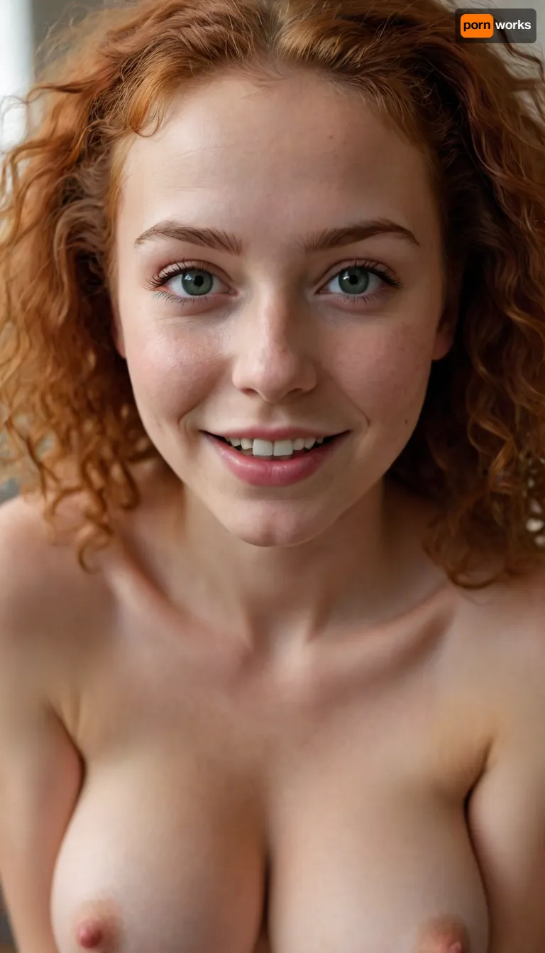 A thin, petite girl from Iceland, a red-haired girl with fluffy, lush, curly hair, an afro hairstyle, a wide, joyful smile on her face, bright green eyes glowing with happiness, thick eyebrows, long eyelashes, smears a large amount of thick white liquid over her slender body, The girl's body is covered with a thick layer of male semen, and sperm thickly covers her face, smearing her face, small artificial silicone breasts with large, erect nipples, sitting on a wooden floor, <lora:754990_training_data:1.4>
