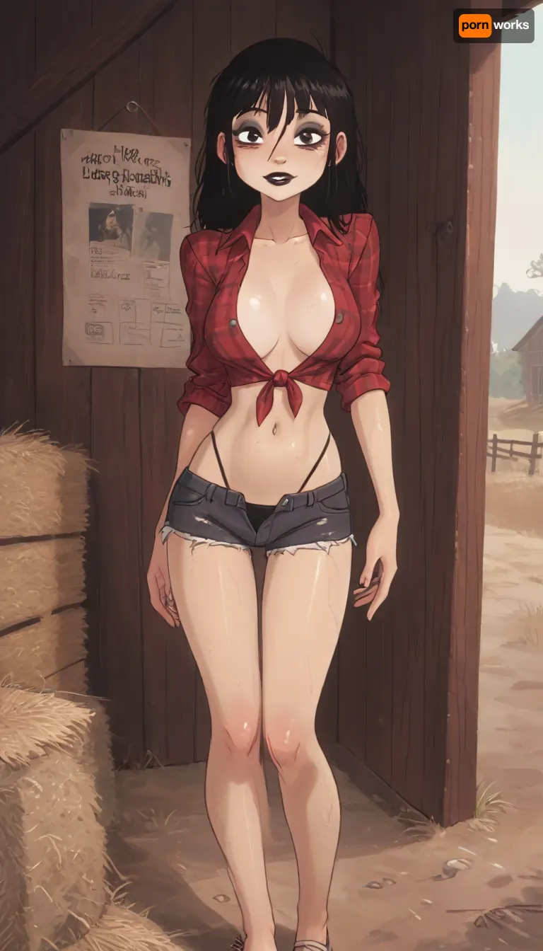 (Jack cayless art style), Sexy farm old woman, hourglass figure, curvy, plaid shirt tied in a knot, midriff, cutoff_jean_shorts unbuttoned, (black thong showing), long toned legs, large natural perky breasts, (show tits), in a corner field, old_red_barn, straight black hair, bangs, (black eyeliner, black eyeshadow, black lipstick), pale skin, sexy smile, horny, bimbo, nympho, sweaty, dirty, (cartoon), tooned, cartoon, low color palette, painted, illustration, made in illustrator, no gradients, incase style, concept, retro, futuristic, flat colors, masterpiece, <lora:ratatatat74-000050:.9>, <lora:outline_xl_kohaku_delta_spv5x:.5>, <lora:cartoon_stickers_xl_v1:.6>, <lora:NEOTOKIOXL_0.2_RC:.4>, <lora:DetailedEyes_V3:.6>