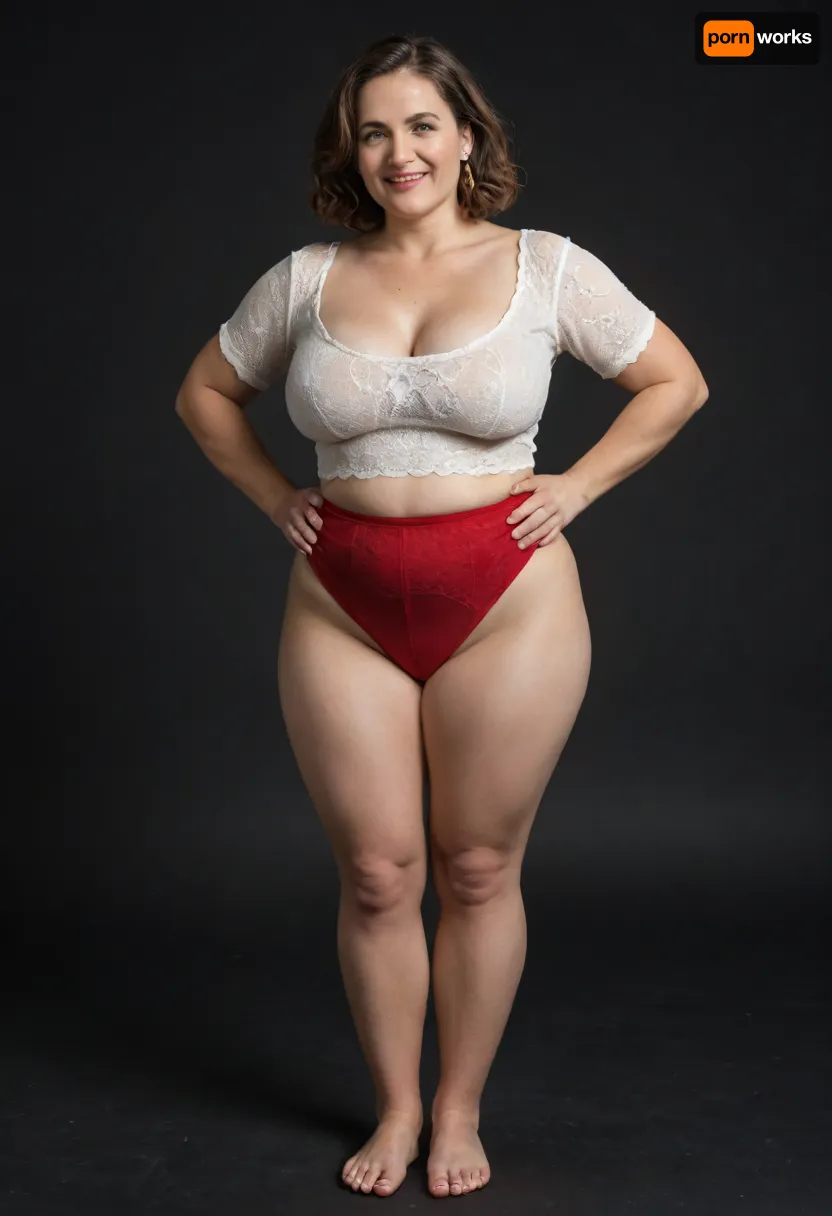 Lu, realistic full body portrait photo a mature chubby woman, double chin, 50 years old Woman, lush brunette hair, big smile, looking at viewer, eye contact, (solid blank dark background:1.3), full body shoot, film grain, Chubby, Plump, Fat, Rolls, milf, (full coverage, high-waist, high-cut, big, wide, fullback, red panty, full-briefs, wearing), big, hips, thick, thighs, plump pelvis, <lora:potrait-woman-v2:.8>