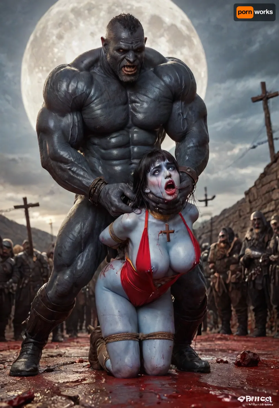 (vampirella:1.32), ((Vampirella is a tall, pale woman with a mane of raven-black hair and green eyes. Her look is that of a skimpy, red sling bathing suit barely covering her nipples and genitalia, with a golden bat emblem over the crotch. She wears an upturned white collar at her neck, long, high-heeled black boots, and a golden bracelet on one arm)), female drow elf barbarian, (blue skin:1.82), tall, angry, busty, curvy, thin waist, big boobs, big butt, slim, fit, vitiligo, strong, fur pelt armor, dungeons and dragons, purplish blue skin, black and purple hair, Dark, Elf, Warrior, Drow, tattooed, scarred, purple eyes, blue skin, amazon, giant, fur barbarian armor, bloody, blood spatter, bear, bear heart, (in a bloody filed after a battle, white full moon in the sky:1.4), (man is choking her from behind:1.4), ((hogtied, bound with large chains, crucified to a torture table, spikes through hands:1.3)), (torture:1.32), (large sharp sword in anus:1.12), cock in mouth, (brutal face fuck), Blowjob, (tears in eyes:1.5), (running makeup), (cum drips from nose:1.3), (cum drips from mouth:1.3), ultra hd, photorealistic, hyper gigantic large black cock in mouth, (((hyper gigantic large black cock in mouth:1.3))), gangbang, double anal penetration, anal spitroast, groupsex, deepthroat, (4 gigantic African black brute thug, huge trunklike arms, huge head, hyper muscular body, dressed in slave clothes:1.32), ((hogtied, bound for sex, tied up)), (((hyper gigantic large white cock in mouth:1.3))), (pulled nipples:1.2), nipple clamps, (((spitroast))), (((hyper large cock in mouth:1.3))), screaming, shocked, deep anal penetration, Uber realistic, 8k, ultra detailed, masterpiece, arched back, detailxl, 35mm photograph, film, professional, 4k, 1girl, 5 boys, hdr, photographic, ultra realistic, ultra high details, back light, (front view), (dynamic pose), best quality, incredibly lean body, anal sex, with large muscular black men, gargantuan black cocks, large hyper muscular fat old men, (double anal sex), swollen white veiny cocks, (double anal penetration), hardcore double penetration, proper physics, big white cocks, muscular white double anal gangbang, (forceful penetrations), extremely graphic, beautiful hands, defeating a woman in combat, fighting, killing, blood, winning fight, magazine cover, Realism_Quality_2xx_By_Stable_Yogi, score_9, score_8_up, score_7_up, (((very pretty face:1.3))), (((extremely ultra detailed face:1.3))), perfect fingers and hands, upper body view, (extreme size difference:1.6), (ultra realistic), (maximum quality), (high resolution), (extreme detail), (ultra realism), UHD, super high quality, highly detailed, high resolution, perfect lighting, natural lighting, (dynamic angle), (random angle), (random pose), (dynamic view), (random view), golden hour, rich details, nature-inspired color palette, <lora:Dark_Elf_Warrior:.8>, <lora:Drow:.8>, <lora:339100_training_data:.8>, <lora:zavy-brbrn-sdxl:.7>, <lora:LCMTurboMix_Euler_A_fix:.8>