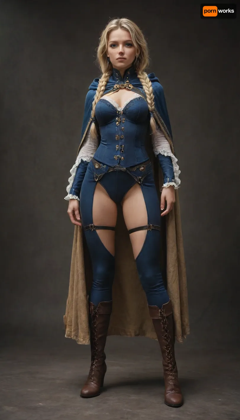 beautiful woman, blonde hair braided into long braids, blue eyes, tight multicolored suit, hooded cape, lace-up boots, stands with her legs apart, straps on her feet, steampunk, sci‑fi