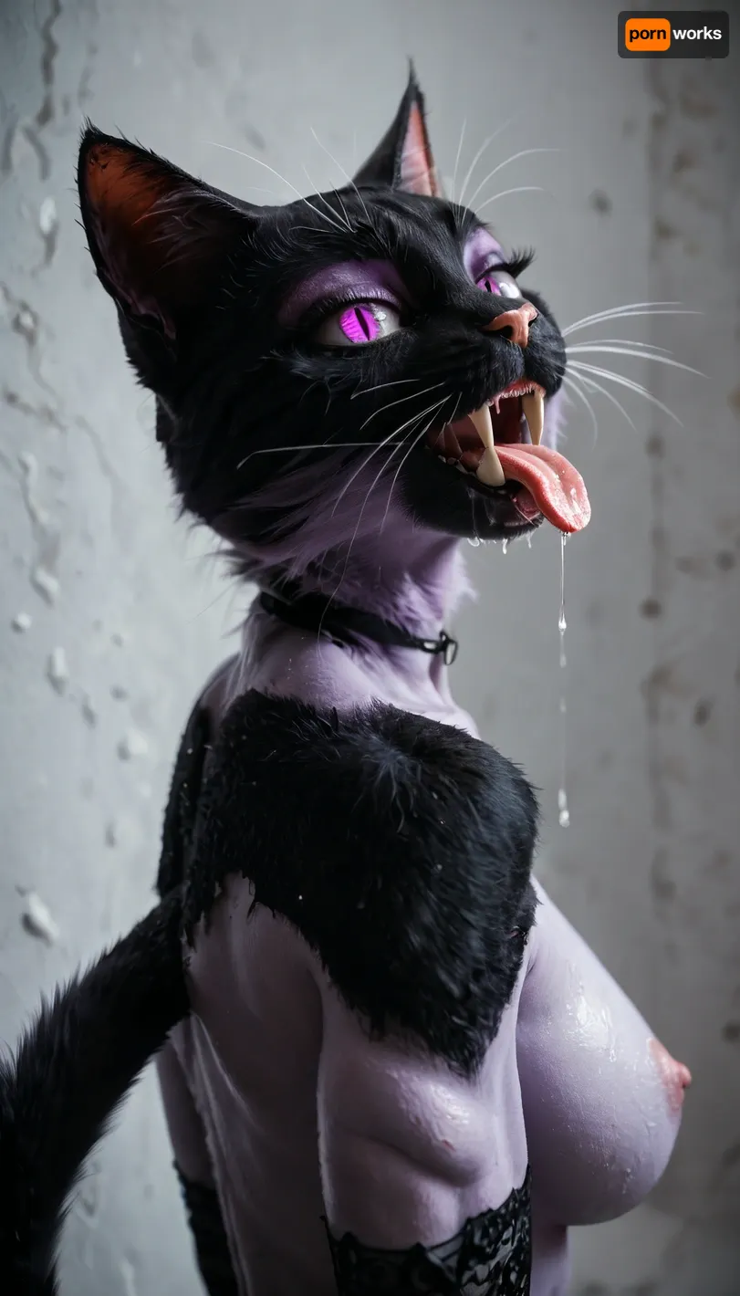 high detail, realistic, 4k, nude, (sexy gothic woman, (anthro cat woman:1.2982)), (makeup), (intense mindless gaze), (possessed), (intensely drooling), (sticking her cat tongue out, (cat tongue texture)), fangs, sharp claws, (light purple cat eyes), uberfit, muscular, from, side, human, on, anthro, feral, <lora:SDXL_Human_Male_Furry_Female:.8>, <lora:Stunning_eyes_2:.8>