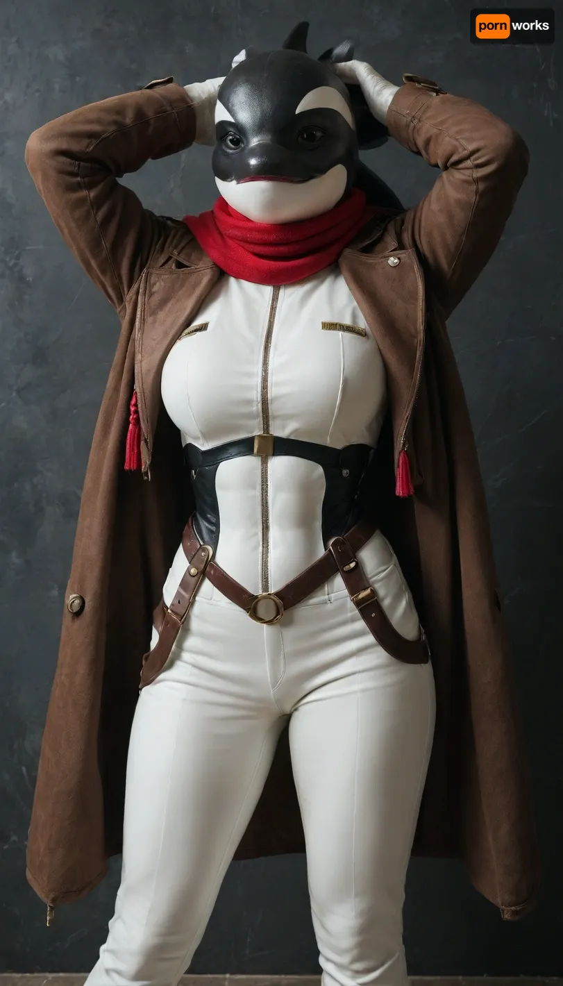((Anthro cetacean, orca, killer whale)), (Costume), wearing a Survey Corps uniform, including a dark green cloak, brown leather jacket, white pants, and red scarf, (Physique), large bust, curvy physique, (Accessories), (Background), simple plain wall, (Expression), standing straight in a sexy way, hands over her head, (view), front-straight view, (Image quality), 8k resolution, high definition, ultra high clarity.