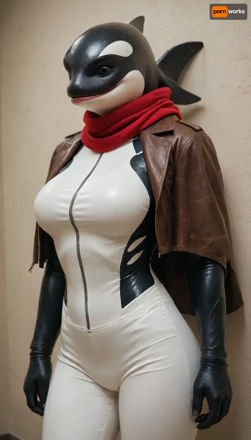 ((Anthro, Character, killer whale)), (Costume), wearing a Survey Corps uniform, including a dark green cloak, brown leather jacket, white pants, and red scarf, (Physique), ((killer whale skin)), large bust, curvy physique, (Accessories), (Background), simple plain wall, (Expression), standing straight in a sexy way, hands over her head, (view), front-straight view, (Image quality), 8k resolution, high definition, ultra high clarity.