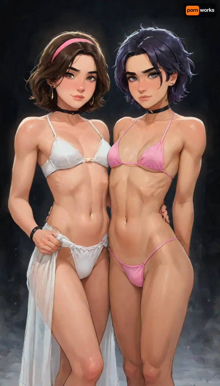 Andava, Andavaverse, Alexis And Angelia Traveling With Their Family Arriving At Sunayama Beach The Picturesque Cove On Miyako Island Known For Its Powdery White Sand, Turquoise Water And Iconic Rock Arch Posing For A Picture.

ALEXIS ROTH, age 23, on the left side, petite fit femboy, Height 5'5, A stylized anime-style featuring a feminine, androgynous anime character with bright-blue eyes, black hair and a pink headband, wearing white bikini with bikini bottom flowing skirt, visible penis bulge, showing toned abs and a relaxed, confident expression, coy smile, black nails, The character is muscular yet slender, flat chest, blending masculine and feminine features.

ANGELIA PELO ROTH, age 21, on the right side, petite model, Height 5'3, A confident young woman with wavy shoulder-length hair dyed in rich two-tone purple with slight magenta-highlights, parted slightly to the side, bright-grey eyes, wearing pink micro bikini, She has a toned body, small breasts, athletic midriff exposed. She accessorizes with a black choker around her neck, a thick black sweatband on one wrist, Her expression is confident and playful, slightly smug or teasing.The aesthetic is alt-girl, modern streetwear with punk/grunge influence.

perfect anatomy, best quality, 8k, insane details, intricate details, hyperdetailed, hyper quality, ultra detailed, professional, HDR, ray tracing reflection, cinematic lighting, highlydetailedbody, realisticface, highlydetailedhair, perfectfingers, insanelydetailed, 8K.highdetailedskin, highresolution, (j_cartoon:1.5), Drawing, Andi, uberfit, muscular, athletic, <lora:467443_training_data:1>, <lora:detailed_notrigger:2>, <lora:samdoesarts1.1-000030:.4>, <lora:J_cartoon:.3>, <lora:Animated_Concept:.4>