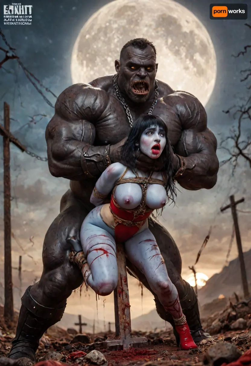 (vampirella:1.32), ((Vampirella is a tall, pale woman with a mane of raven-black hair and green eyes. Her look is that of a skimpy, red sling bathing suit barely covering her nipples and genitalia, with a golden bat emblem over the crotch. She wears an upturned white collar at her neck, long, high-heeled black boots, and a golden bracelet on one arm)), female drow elf barbarian, (blue skin:1.82), tall, angry, busty, curvy, thin waist, big boobs, big butt, slim, fit, vitiligo, strong, fur pelt armor, dungeons and dragons, purplish blue skin, black and purple hair, Dark, Elf, Warrior, Drow, tattooed, scarred, purple eyes, blue skin, amazon, giant, fur barbarian armor, bloody, blood spatter, bear, bear heart, (in a bloody filed after a battle, white full moon in the sky:1.4), (man is choking her from behind:1.4), ((hogtied, bound with large chains, crucified to a torture table, spikes through hands:1.3)), (torture:1.32), (large sharp sword in anus:1.12), cock in mouth, (brutal face fuck), Blowjob, (tears in eyes:1.5), (running makeup), (cum drips from nose:1.3), (cum drips from mouth:1.3), ultra hd, photorealistic, hyper gigantic large black cock in mouth, (((hyper gigantic large black cock in mouth:1.3))), gangbang, double anal penetration, anal spitroast, groupsex, deepthroat, (4 gigantic African black brute thug, huge trunklike arms, huge head, hyper muscular body, dressed in slave clothes:1.32), ((hogtied, bound for sex, tied up)), (((hyper gigantic large white cock in mouth:1.3))), (pulled nipples:1.2), nipple clamps, (((spitroast))), (((hyper large cock in mouth:1.3))), screaming, shocked, deep anal penetration, Uber realistic, 8k, ultra detailed, masterpiece, arched back, detailxl, 35mm photograph, film, professional, 4k, 1girl, 5 boys, hdr, photographic, ultra realistic, ultra high details, back light, (front view), (dynamic pose), best quality, incredibly lean body, anal sex, with large muscular black men, gargantuan black cocks, large hyper muscular fat old men, (double anal sex), swollen white veiny cocks, (double anal penetration), hardcore double penetration, proper physics, big white cocks, muscular white double anal gangbang, (forceful penetrations), extremely graphic, beautiful hands, defeating a woman in combat, fighting, killing, blood, winning fight, magazine cover, Realism_Quality_2xx_By_Stable_Yogi, score_9, score_8_up, score_7_up, (((very pretty face:1.3))), (((extremely ultra detailed face:1.3))), perfect fingers and hands, upper body view, (extreme size difference:1.6), (ultra realistic), (maximum quality), (high resolution), (extreme detail), (ultra realism), UHD, super high quality, highly detailed, high resolution, perfect lighting, natural lighting, (dynamic angle), (random angle), (random pose), (dynamic view), (random view), golden hour, rich details, nature-inspired color palette, <lora:Dark_Elf_Warrior:.8>, <lora:Drow:.8>, <lora:339100_training_data:.8>, <lora:zavy-brbrn-sdxl:.7>, <lora:LCMTurboMix_Euler_A_fix:.8>