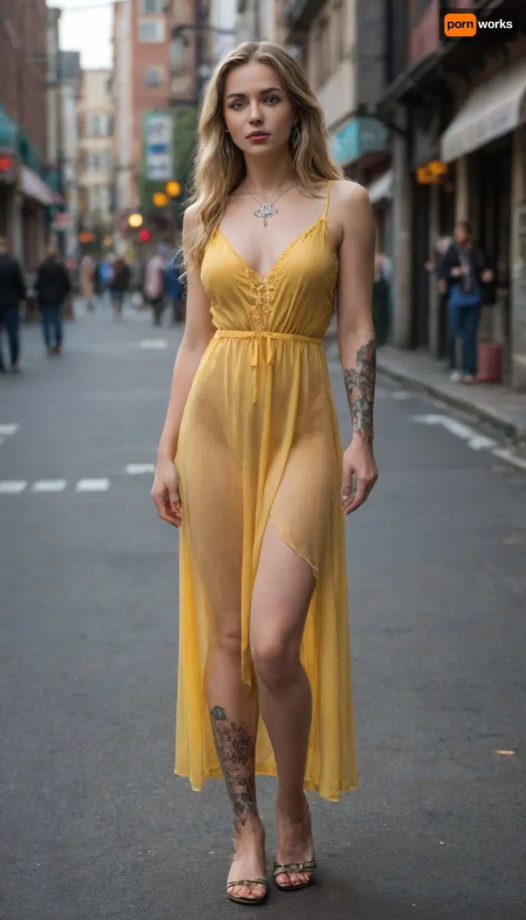 The truly blonde girl with long hair and D cup boobs. She stands in yellow summer dress on the night street in black quarter. Deep decolletage. Photo in full height. Bright Blue eyes. Slavic type. Tattoos on legs