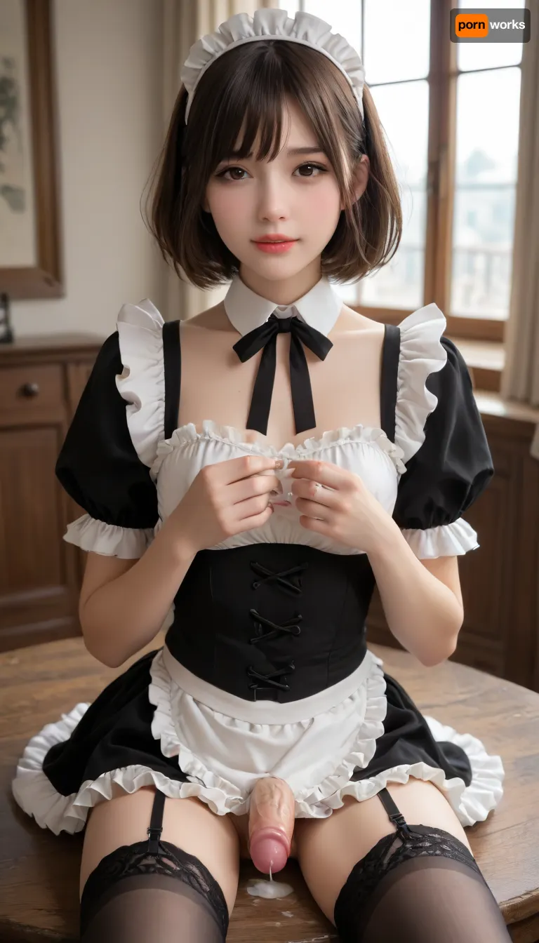 feminized femboy, wearing french maid uniform, black silk stockings with garter belt, c cup breasts, dark brown shoulder length hair, brown eyes, modest eyeshadow, greets me coming home with a smile, cum on lips, dripping cock, is my sissy sex slave