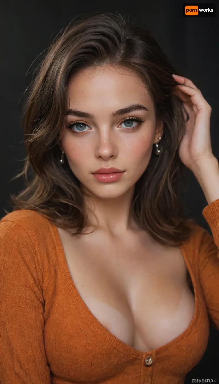 night scene, dark background, waist up portrait, (score_9, score_8_up, 1girl), sharp focus, high saturation, high contrast, high angle, focus on eyes, perfect eyes, perfect hands, brunette, heavy smokey eye makeup, very long eyelashes, mascara, eye liner, full lips, heavy glossy lipstick, elegant facial features, pale skin with deep tan and tanlines, freckles, dimples, horny girl, orange sweater, (natural breasts, cleavage, loose comfy sweater, tan lines, nipple slip, romantic esthetic, cozy bedroom, intimate moment:1.2), (seductive smile expression, freckles, blushing, flushed face, seductive pose, hand up, hand in hair:1.4), igbaddie, <lora:igbaddie-XL:1.2>, <lora:add-detail-xl:1.1>