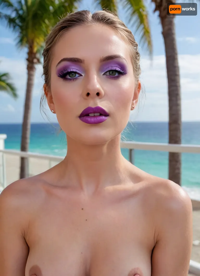 bimbo woman, high detail of the face, individual standing outdoors on a balcony overlooking a tropical beach and ocean. bimbo woman is dressed in a transparent two-piece peignoir of medium length through which purple nipples with piercing in the form of platinum rings connected by a chain are visible., (big lipstik purple:1.3), hair is styled in a neat braid, and they are gazing directly ahead with a relaxed posture., ((makeup:1.3), long blue eyelashes, green eye shadow, glossy pearl lipstick), The background includes clear skies, a distant ocean horizon, palm trees, and elements of a modern building. The scene exudes a sunny, vacation-like atmosphere., artoflips, uoclips, lips, lipstick, art, of, CUM, DONATION, ASSISTANCE, FELLATIO, TITS, SEX, HANDJOB, FOOTJOB, AFTER, VAGINAL, makeup, eyeliner, eyelashes, <lora:Art_Of_Lips_PONY_XL_By_UOC:.9>, <lora:CUM DONATION ASSISTANCE:2>, <lora:Modern_MakeUp_XL_v0_1:1.7>