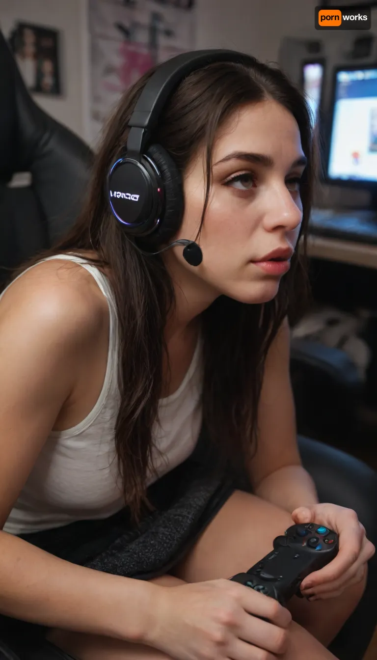 score_9, score_8_up, score_7_up, (incase, incase style:.6), (streamer woman, twitch, gamer girl, face closeup:1.2), (goth esthetic, long straight hair), (sitting, gamer chair, headphones), (focused expression, concentration, leaning forward, game controller), (profile, from aide)