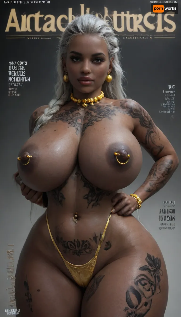 perfect Black African girl, ((Thicc body gold hip tattoos:1.6)), ((Silver Hair, golden beads choker, pierced puffy nipples, Absolutely Pitch Black Skin:1.9)), podium, lace top posing on the podium, ((Black Tits Magazine Cover, with golden beads chain thong)), ((detailed breasts skin and areolas)), epic detailed body and skin, ((huge thicc breasts, thicc huge ginormous breasts:1.4)), looking at the viewer, hair pulled back in one braid, silver hair, silver eyes, plump silicone lips, pink lips, long eyelash extensions, freckles expressive detailed eyes, ((massive broad hips:1.7)), huge_breasts, (Sensual Pose for Viewer:1), kl, jnnr, woman, full, body, tattoo, naked boobs, <lora:SDXL_MassiveCowsLoRA_v1:.7>, <lora:Microwaist_XL_v01:.4>, <lora:kl jnnr woman v1a:.9>, <lora:FBT-000002:.5>, <lora:BetterTextRedmond:.8>