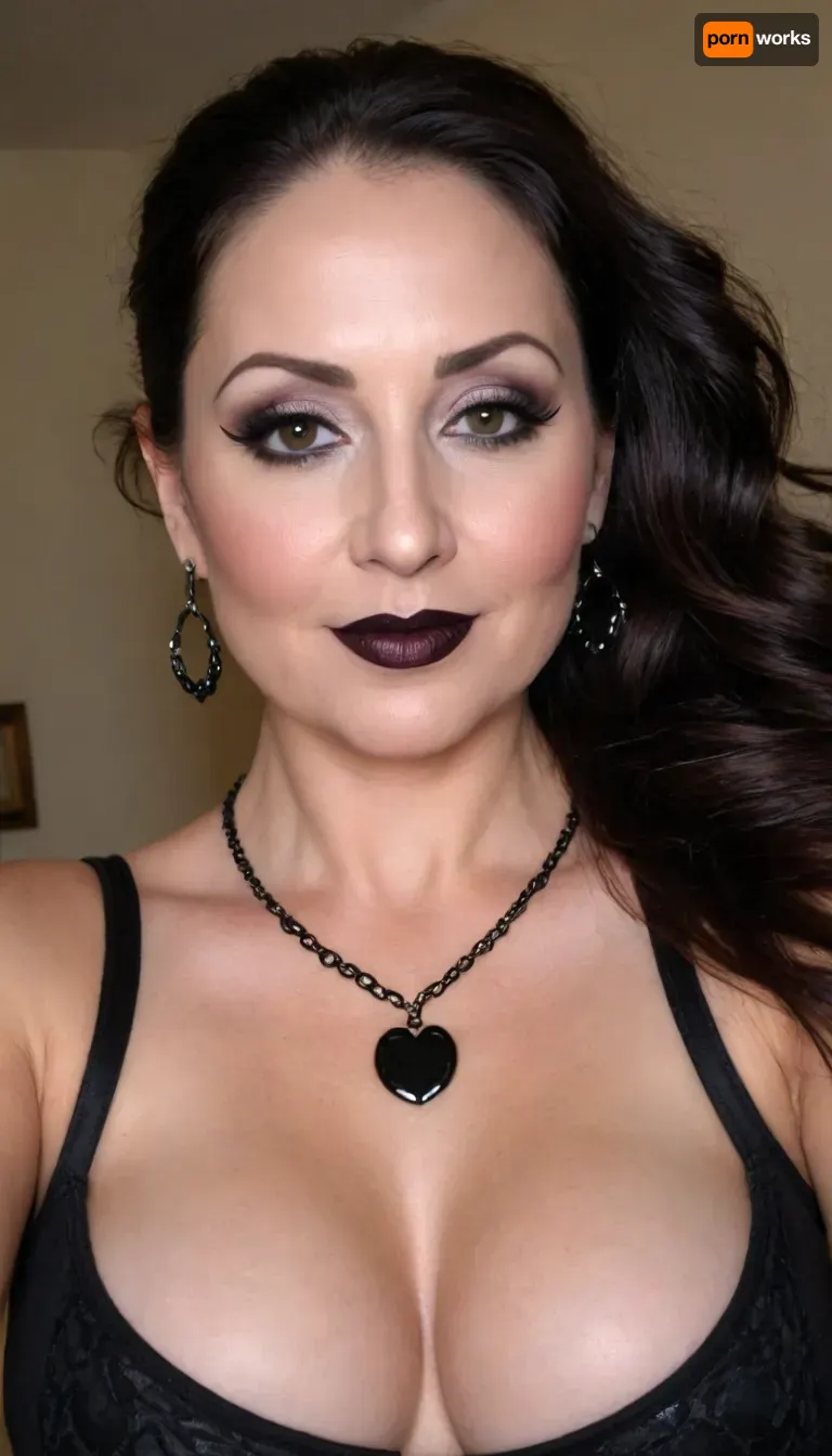 sexy mature, sexy 50 years old, dark brunette hair, long wave hair, ponytail, glamour, black lipstick, gothic make up, black eyes, big hoop earrings, necklace, very fat bbw, selfie, cute shy smile face