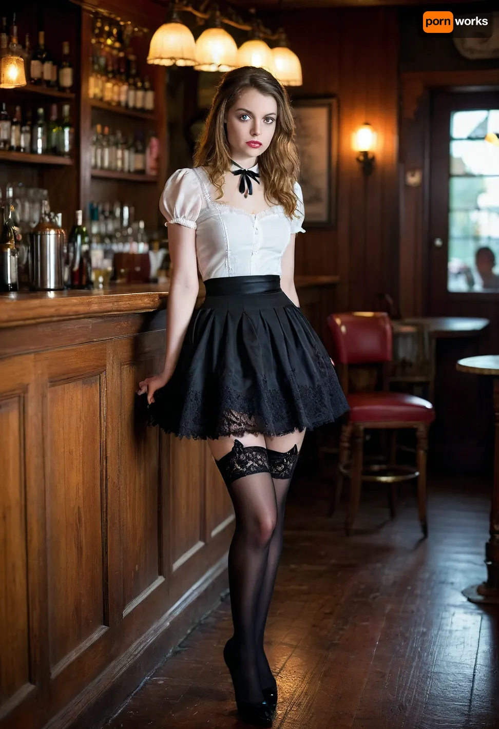 Alice from Wonderland in a very short skirt and lacy black stockings in a bar, raw, lighting, overexposed, harsh, flash, <lora:Rawfully Stylish v0.2_epoch_20:.8>, <lora:MJ52:.8>