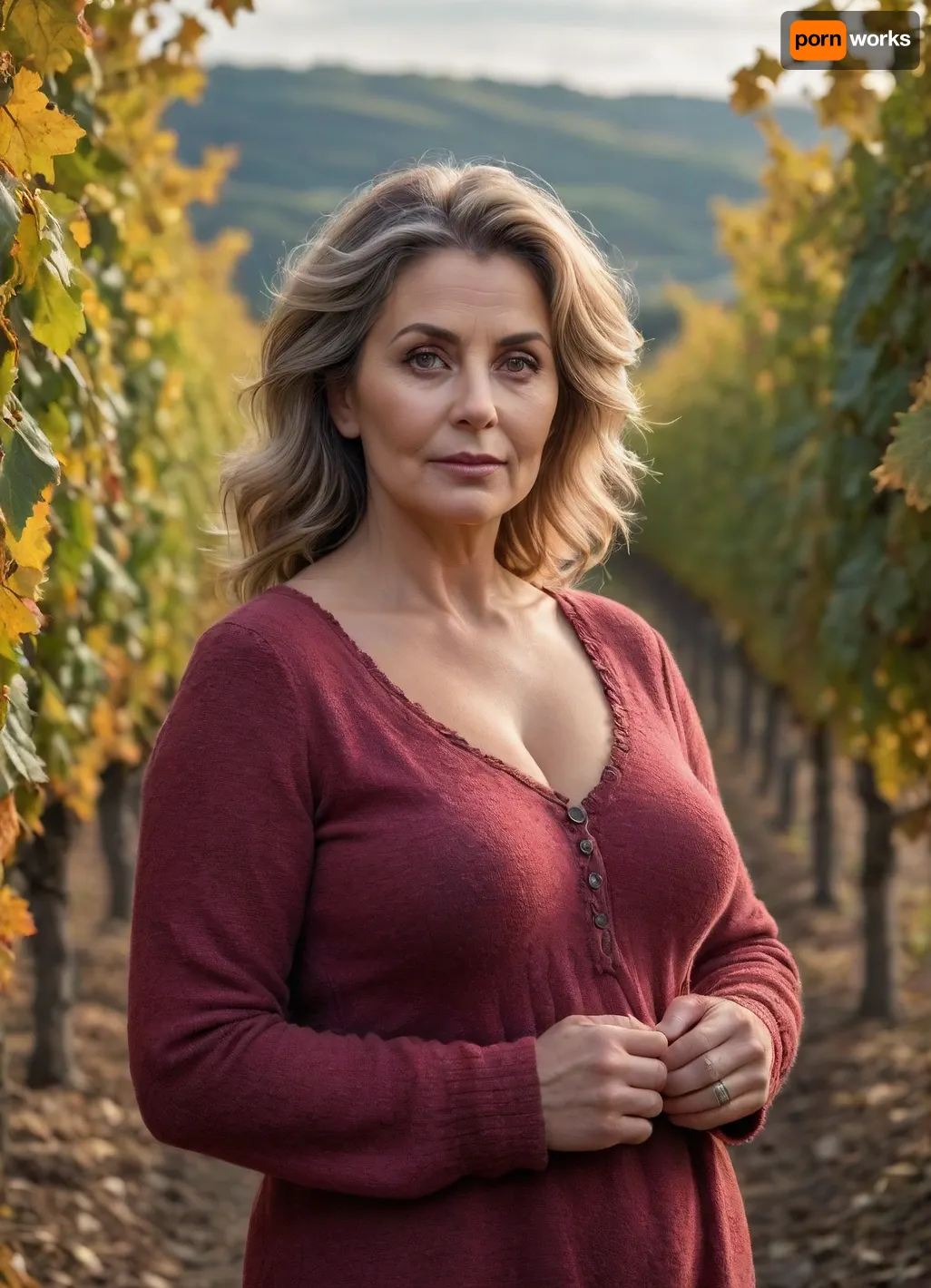 ultrarealistic, 8K HD, voluptuous 50-years old woman, detailed hair, detailed eyes, in a Alsatian vineyard, fall season, full body view