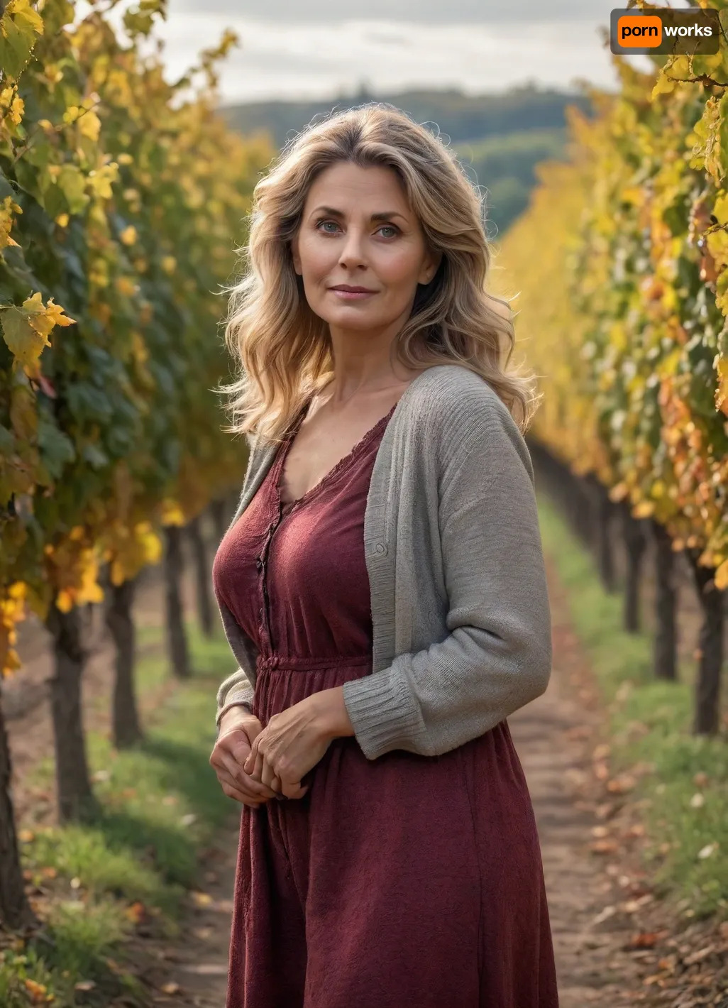 ultrarealistic, 8K HD, 50-years old woman, detailed hair, detailed eyes, in a Alsatian vineyard, fall season, full body view