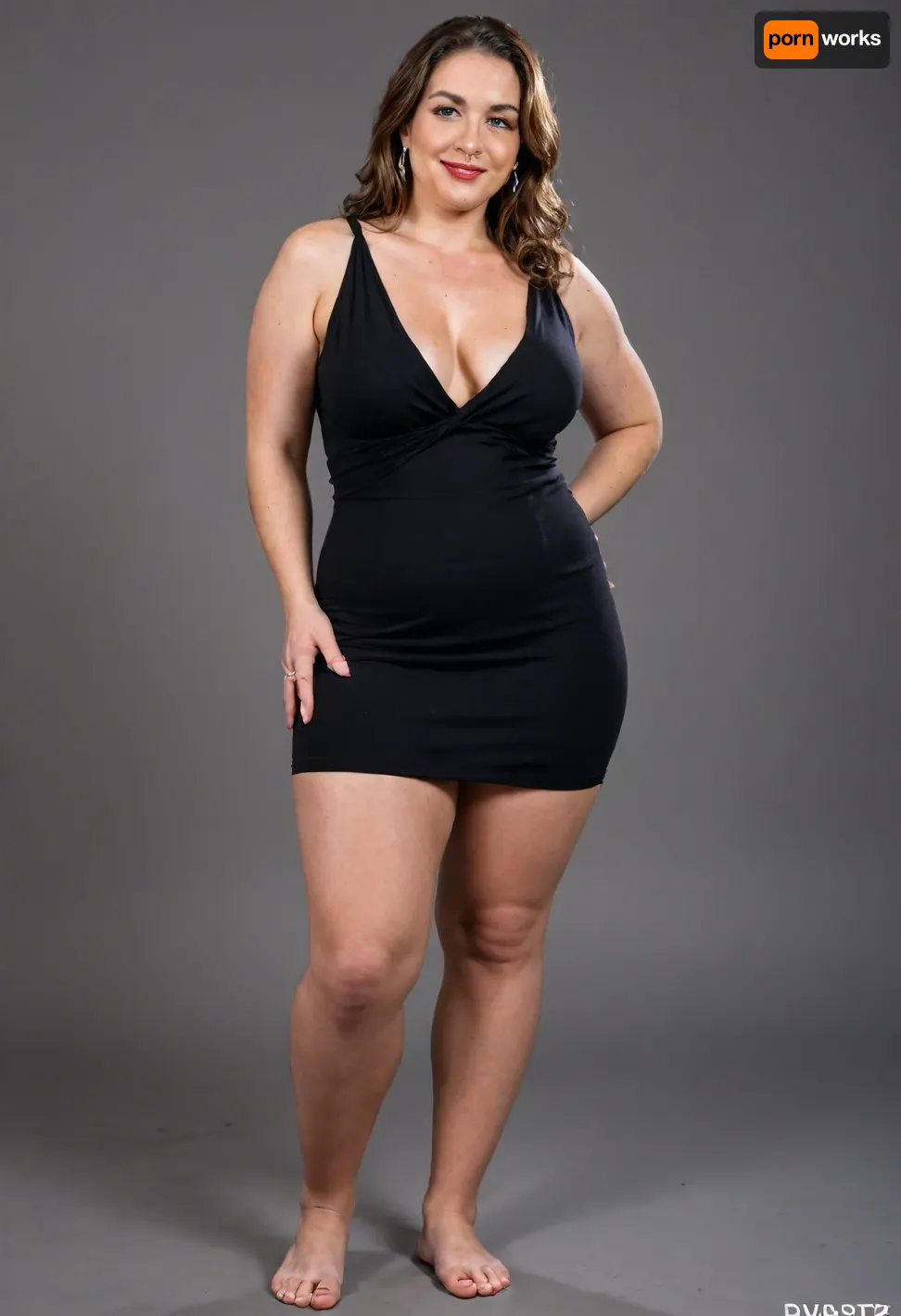 Side view, A hyperrealistic, full-body portrait of a, obese, very fat, chubby, (mature:1.3), bbw woman, approximately 58-60 years old, with an olive skin tone and a beautiful, smooth complexion. Her ethnicity is Macedonian or Serbian. She has a full-figured, overweight body with thick thighs and big round hips. She has big, full, plump big lips and a beautiful, engaging smile. Her captivating light eyes draw you in, and her expression is alluring and suggestive. On her left-hand ring finger, she wears a diamond wedding ring. She is dressed in a sleeveless, very tight, thin light black jersey dress that drapes over and accentuates her curves, plunging neckline. The overall mood is one of subtle flirtation and confidence, with a hint of longing in her eyes. The portrait is captured with cinematic lighting, ultra-detailed, 8k resolution, and photorealistic quality. Her face, hair color has caramel highlights with silver or gray streaks. She has a plump pelvis, very plump waist. Long Thick hair, she has captivating green eyes, massive hips and thick thighs, short dress, <lora:842447_training_data:.8>