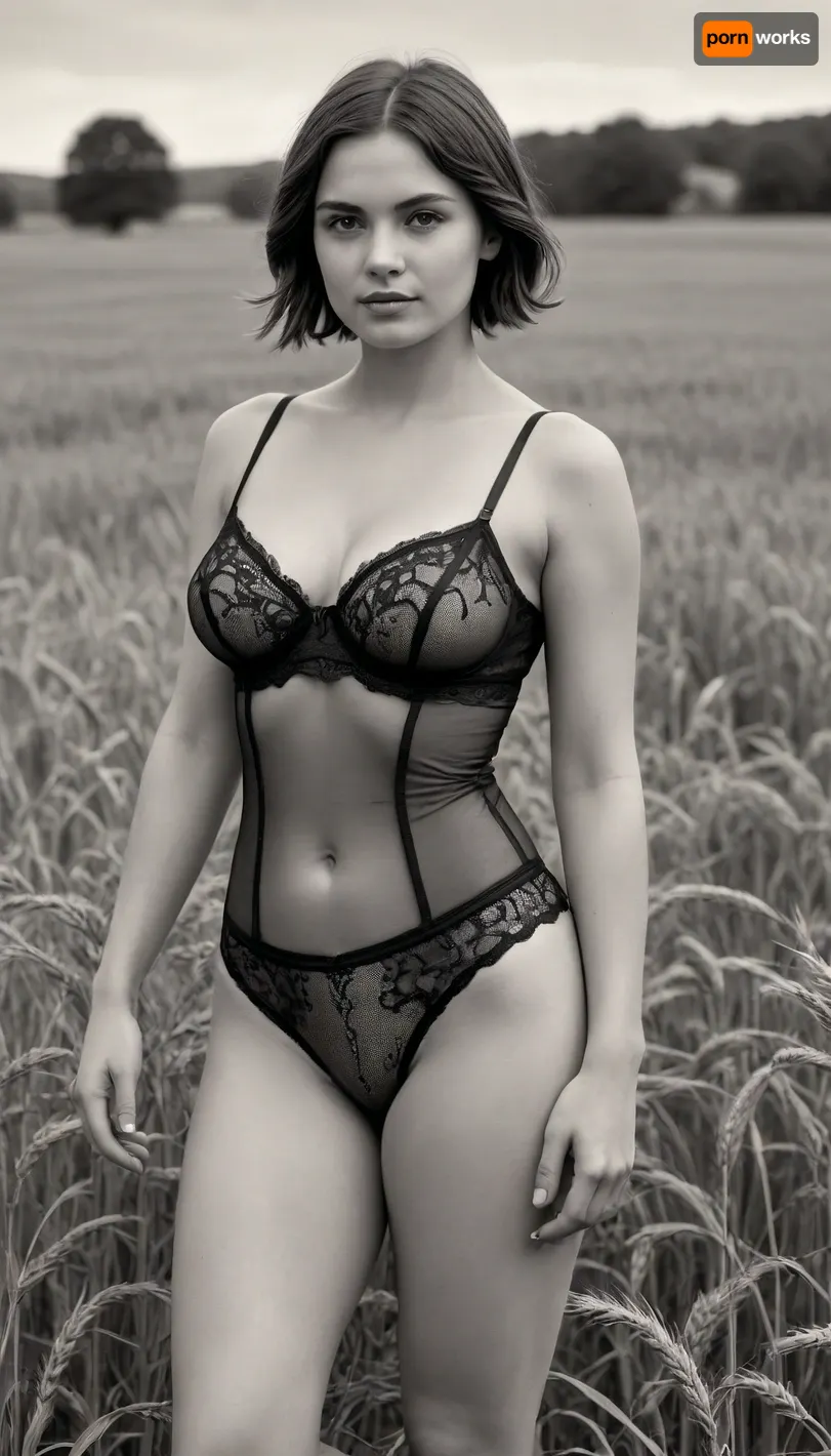 detailed black and white pencil drawing with clear lines and careful shading, beautiful brunette, hair bob, beautiful brunette peasant woman, bob haircut, (field of wheat), (slightly plump woman), 40 years old, natural face, (wide hips, soft sagging small breasts), pale skin, 1890s hairstyle, 1890s high-heeled sandals, 1890s outfit, {posing gestures}, (color, pencil, sketch, French graphics, bikini, underwear, Lace, microbikini)