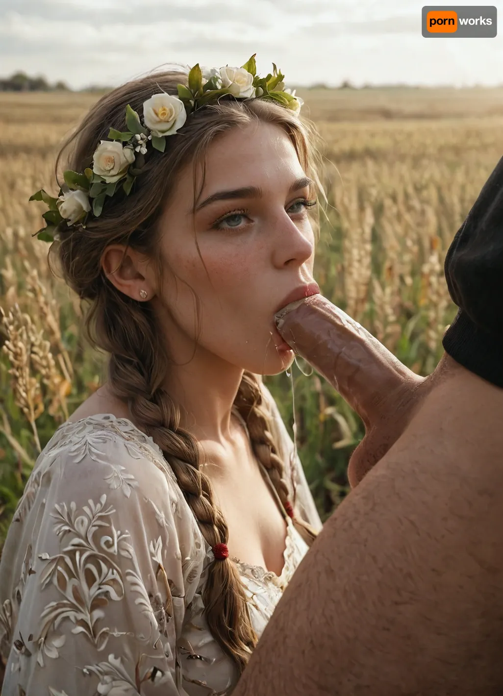 score_9, score_8_up, score_7_up, score_6_up, A traditional Slavic dress with intricate embroidery in red, white, and gold patterns. The outfit includes a long, flowing skirt, a richly decorated blouse with wide sleeves, and a woven belt with geometric designs. The dress is adorned with fine details, such as lace and beadwork. She is wearing a flower crown made of wildflowers and ribbons flowing down her back. The style reflects ancient Slavic culture, with natural materials and bright, vibrant colors, 1girl, 1man, Slavic, blonde, lush hair, curvy braids, beatiful face, blush on the face, braight gray eyes, white tradithional slavic shirt, (in an endless field of wheat), sunlight, detailed background, kinemographic environment, high resolution, blowjob, drool, (erotic:.5), <lora:TraumaZone:1>