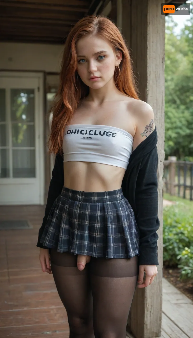 Caucasian beauty, 28 years old, pale skin, oversized thick thighs. Femboy, small penis buldge, wide hips. Big fat ass. Blue eyes, flat chest, medusa piercing, freckles, red hair, ginger, shoulder-length hair, round face, sleeve tattoo, (wearing a mini skirt, pantyhose and off-shoulder top), on a porch, trees in background, chapp3ll, orange, hair, bangs, blue, eyes, <lora:1369490_training_data:.8>