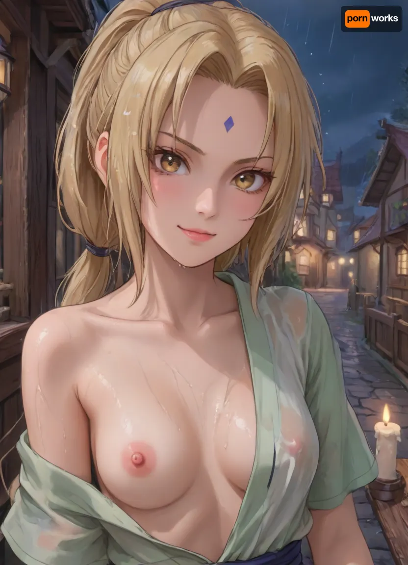 (anime:2), (smirk, yellow eyes, small breasts, long blonde hair, ponytail, Tsunade from Naruto Shippuden:1.2), medieval town tavern outdoor background, green eyes, blue eyes, (night time:1.3), cAndle light, (fully opened shirt), (bare breasts:1.4), (wet body, rain, wet hair:1.1), deep neckline, dimples, seductive, high angle shot, (forehead protector:1.3), konohagakuru mark, long erect nipples, hair on eye, side bang, (skinny:1.7), <lora:outline_xl_kohaku_delta_spv5x:1.1>, <lora:NEOTOKIOXL_0.2_RC:2>, <lora:Ppolar-P3v1-NbVp10:2>, <lora:cartoon_stickers_xl_v1:1>, <lora:detailed_notrigger:2>