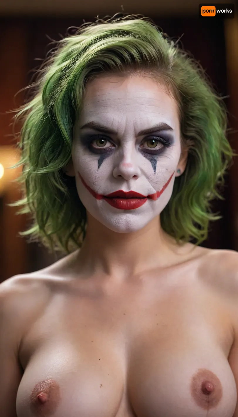 Naked woman with big breasts and a hairy pussy wearing the joker’s makeup