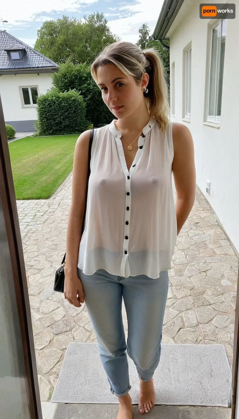 full body view, waiting at the open the door, stairs, focus face, look at the viewer, sweat, curvy, slender milf, very short, woman, 40 yo, pale skin, straight darkblond long hair, ponytail, freckles, cloudy day, germany, earrings, (very loose white sleeveless chiffon blouse with buttons), open some buttons, deep neckline, ((pookies)), jeans, barefoot, pretty Feed With veins, necklace, handbag, date, elegant, pretty, outside, modern house, garage, street, courtyard entrance, light by flash, looks like a real pic, carina, seethru, <lora:seethruv3_SDXL:.6>