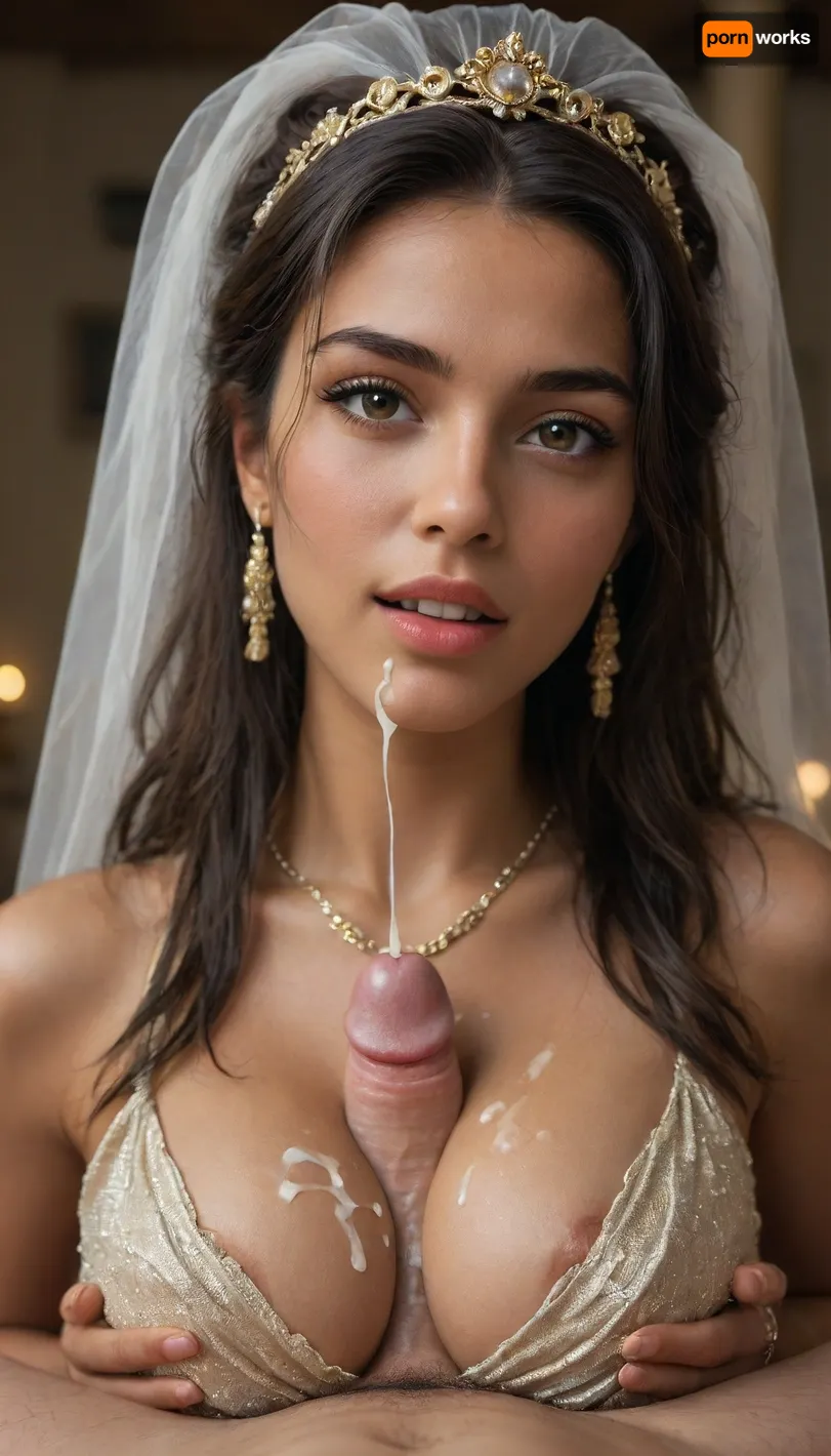 Indian bride seductress, side view, (close up), (((sexy, sensual, elegant gold head dress and jewellery))), seductress, (30 yo cum covered beautiful dark haired indian woman), (wearing black and gold traditional indian wedding satin dress), (She is giving a titjob), slim body, dark eyes, very long hair, looking at the viewer, dark lighting, candle light, eye contact, she is going to fuck you next, 34c breasts, (covered natural breasts:1), cum on tits and face, lots of cum, (horny look, excited, orgasm, moaning:1.2), (ejaculation), titjob, blowjobtitjob, <lora:add-detail-x:.5>, <lora:sunnyrayyxo_v1_SDXLBase:.5>, <lora:283625_training_data:2>