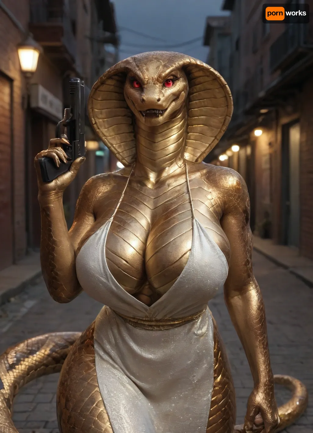 1girl, solo, jastaf, snake, anthro, red eyes, glowing shiny, gold metal skin, gold, fangs, smirk, snake tail, (((furry art, anthro snake woman, big breasts, detailed golden metallic skin))), gold skin, white dress, cleavage cutout, turtleneck dress, skirt cutout, thigh cutout, selfie, (holding handgun gold handgun:1), desert eagle, close-up, outdoors, alley, dark lighting, night, nightclub, city, BREAK
masterpiece, best quality, newest, absurdres, highres, amazing quality, very aesthetic