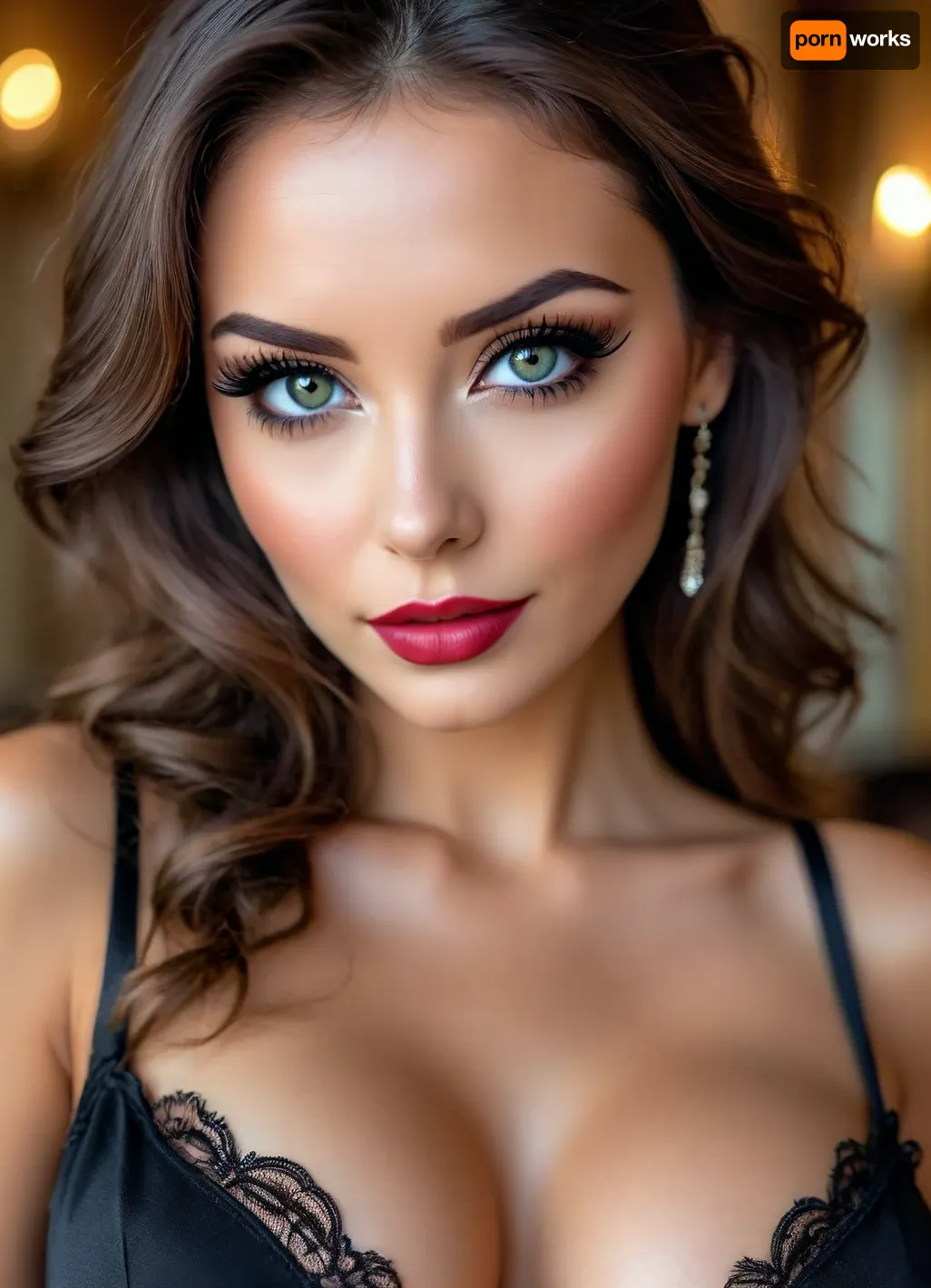 Ultra realistic, Super high quality fantasy photo, (((32k quality))), woman, Portrait, 30 yo vampire seductress, brunette hair, beautiful french, instagram model in fantasy castle, ((fantasy, with low light)), 30 years old, happy, perfect, Sexy black satin dress, not naked, long wavy tousled hair, hair half up half down, perfect face, eye contact, huge eyes, (very long black false eyelashes), tiny nose, full round plump lips, cupid's bow lips, gorgeous, sexy, sensual, seductive eyes and look, <lora:BUT_SDXL_SHS:1.6>, <lora:710302_training_data:.9>, <lora:attractive_notrigger:1.6>