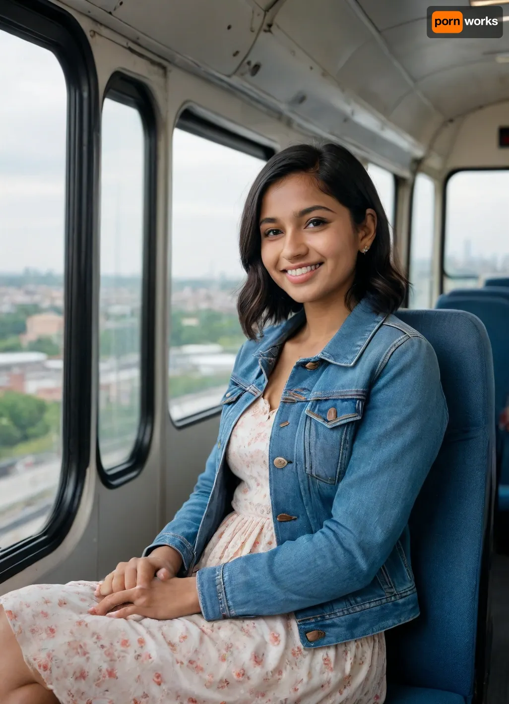 A young Indian woman, short black hair, brown skin, with small breast sitting inside a bus, with a city view blurred in the background. She is smiling gently, wearing a denim jacket and a white floral-patterned dress. The seat is upholstered with blue fabric. The interior has black frame supports and large windows, showing an overcast sky and distant buildings, destroyed by demolitions
